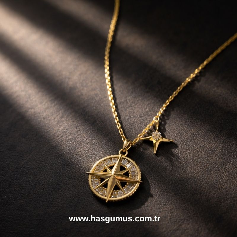 Gümüş Pusula Kolye